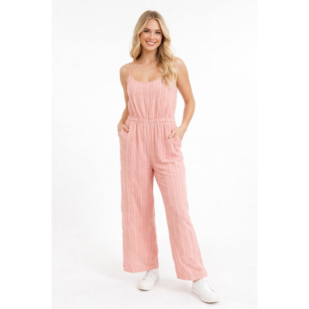 Women's Pink and White Striped Jumpsuit S
